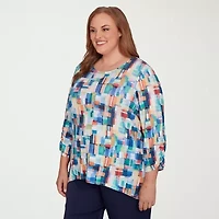 Alfred Dunner Saratoga Springs Womens Plus Crew Neck 3/4 Sleeve T-Shirt