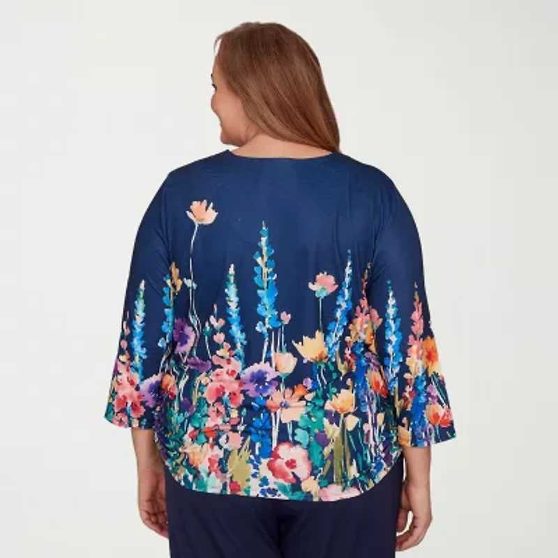 Alfred Dunner Saratoga Springs Womens Plus Crew Neck 3/4 Sleeve T-Shirt