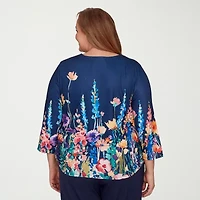 Alfred Dunner Saratoga Springs Womens Plus Crew Neck 3/4 Sleeve T-Shirt