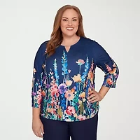 Alfred Dunner Saratoga Springs Womens Plus Crew Neck 3/4 Sleeve T-Shirt