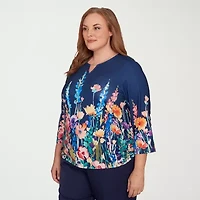 Alfred Dunner Saratoga Springs Womens Plus Crew Neck 3/4 Sleeve T-Shirt