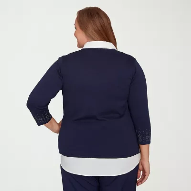 Alfred Dunner Saratoga Springs Womens 3/4 Sleeve Layered Sweater Plus