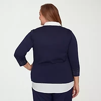 Alfred Dunner Saratoga Springs Womens 3/4 Sleeve Layered Sweater Plus