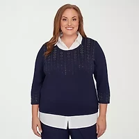 Alfred Dunner Saratoga Springs Womens 3/4 Sleeve Layered Sweater Plus