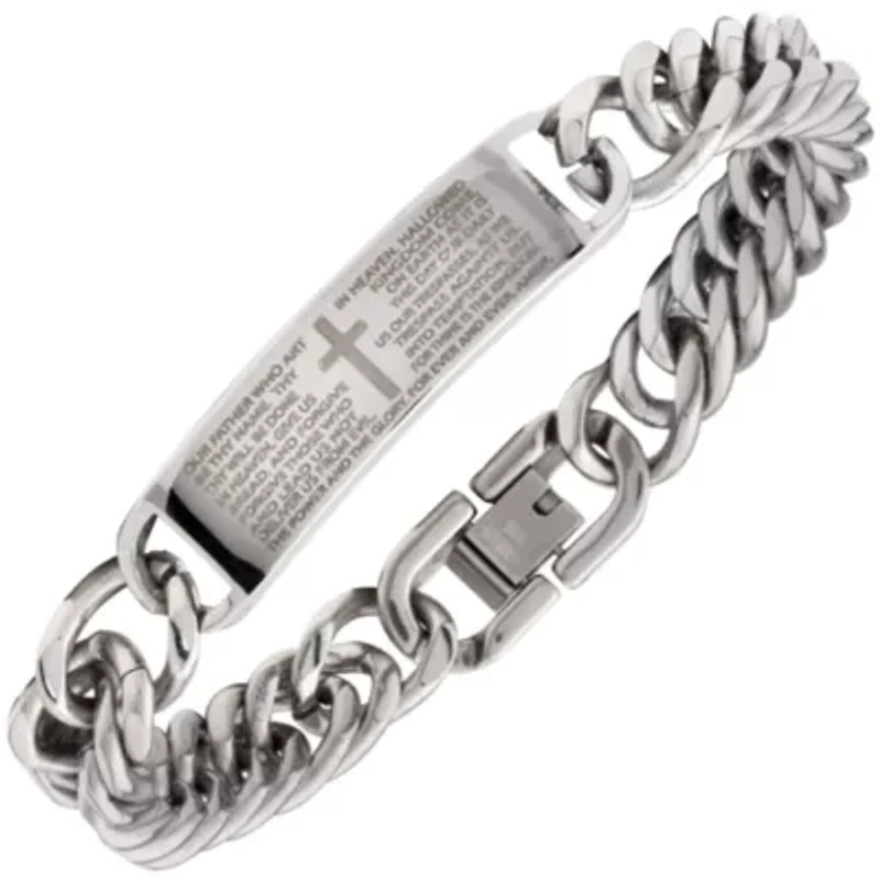 Mens Lord's Prayer 2-pc Stainless Steel Cross Necklace and ID bracelet Jewerly Set