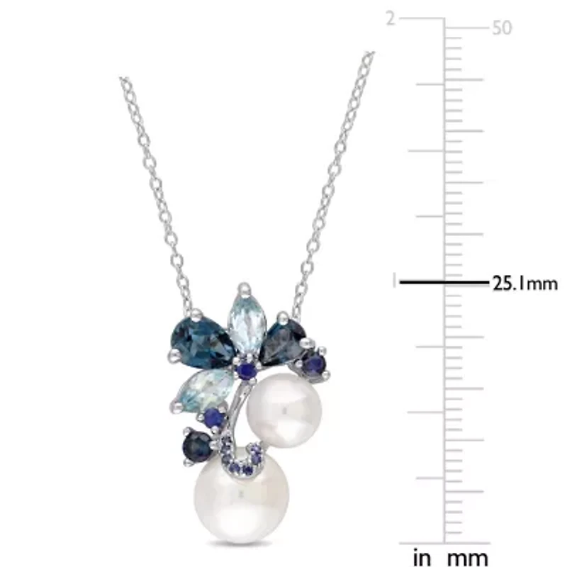Cultured Freshwater Pearl, Genuine London and Sky Blue Topaz Pendant Necklace