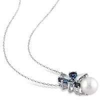 Cultured Freshwater Pearl, Genuine London and Sky Blue Topaz Pendant Necklace
