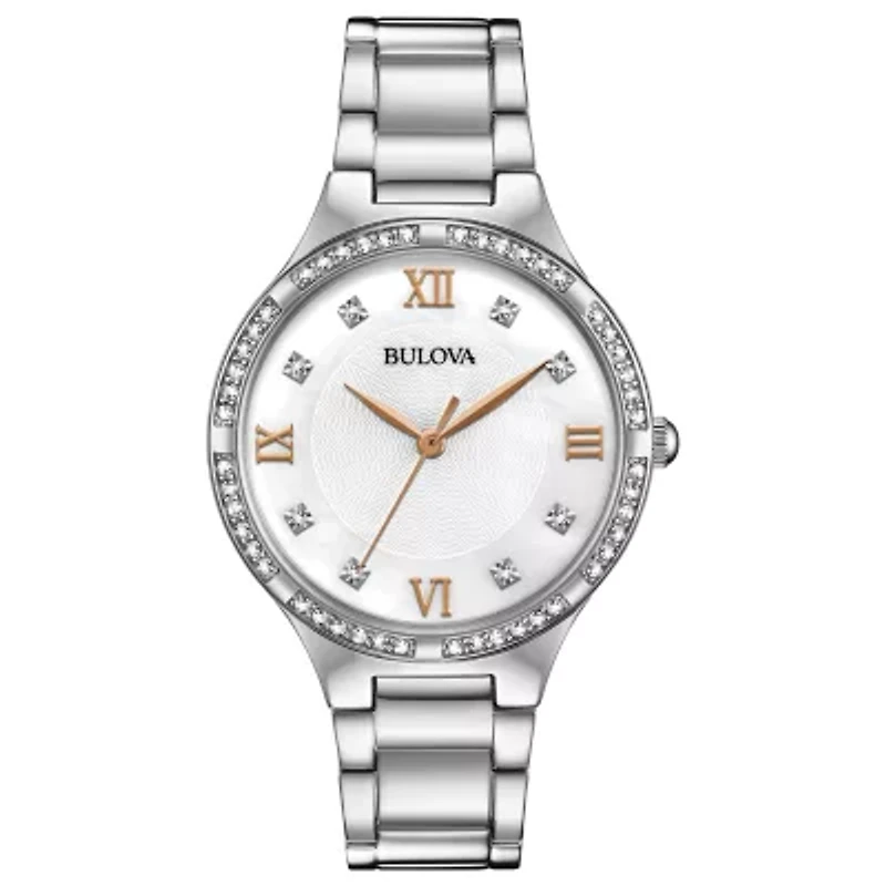 Bulova Crystal Womens Silver Tone Stainless Steel Bracelet Watch 96l264