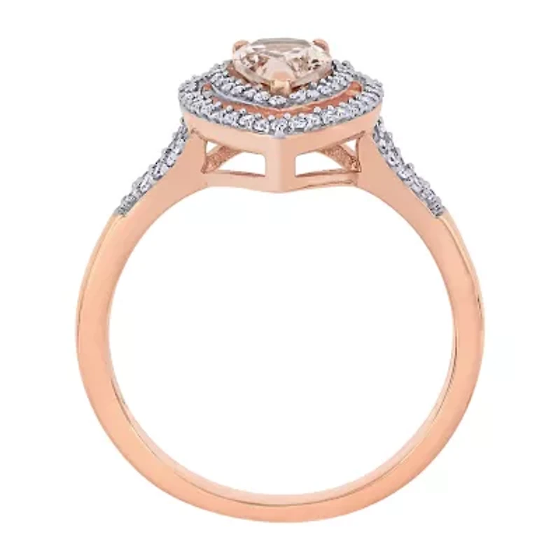 Womens 1/4 CT. T.W. Genuine Pink Morganite 14K Rose Gold Pear Halo Engagement Ring