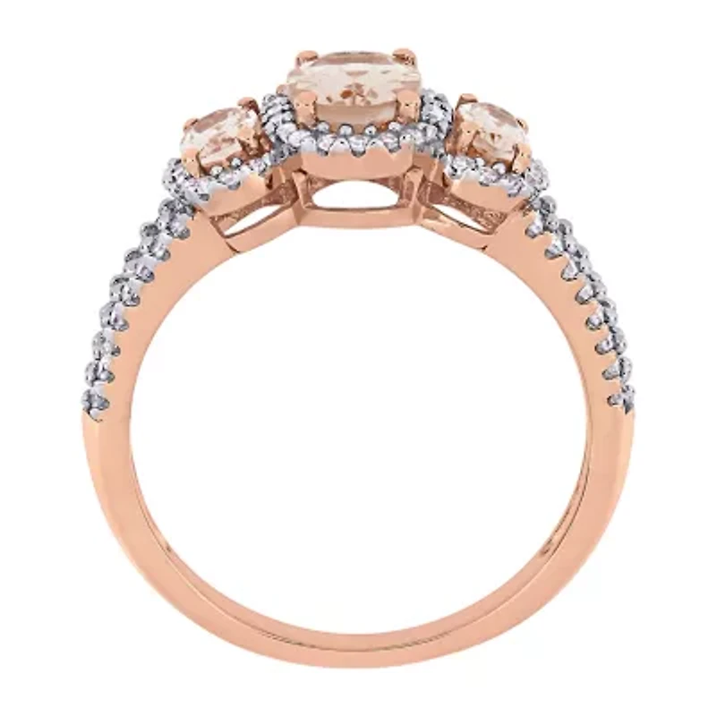 Womens 1/3 CT. T.W. Genuine Pink Morganite 14K Rose Gold Oval 3-Stone Engagement Ring