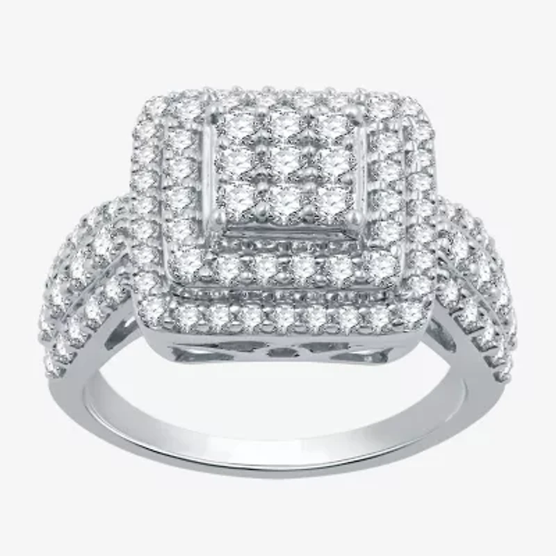 Womens 1 1/2 CT. T.W. Lab Grown White Diamond Sterling Silver Cushion Halo Side Stone Cocktail Ring