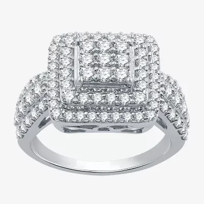 Womens 1 1/2 CT. T.W. Lab Grown White Diamond Sterling Silver Cushion Halo Side Stone Cocktail Ring