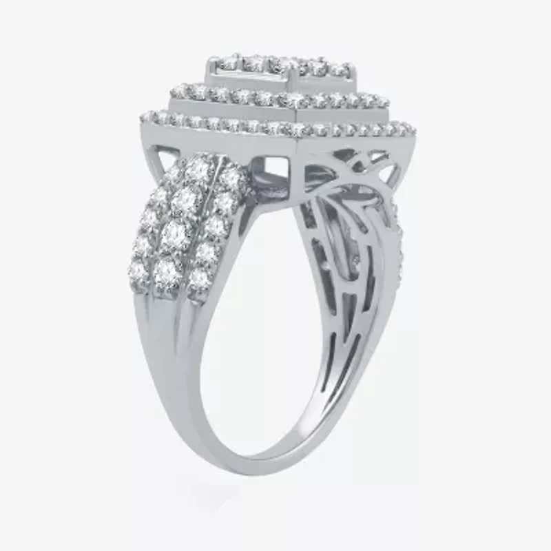 Womens 1 1/2 CT. T.W. Lab Grown White Diamond Sterling Silver Cushion Halo Side Stone Cocktail Ring