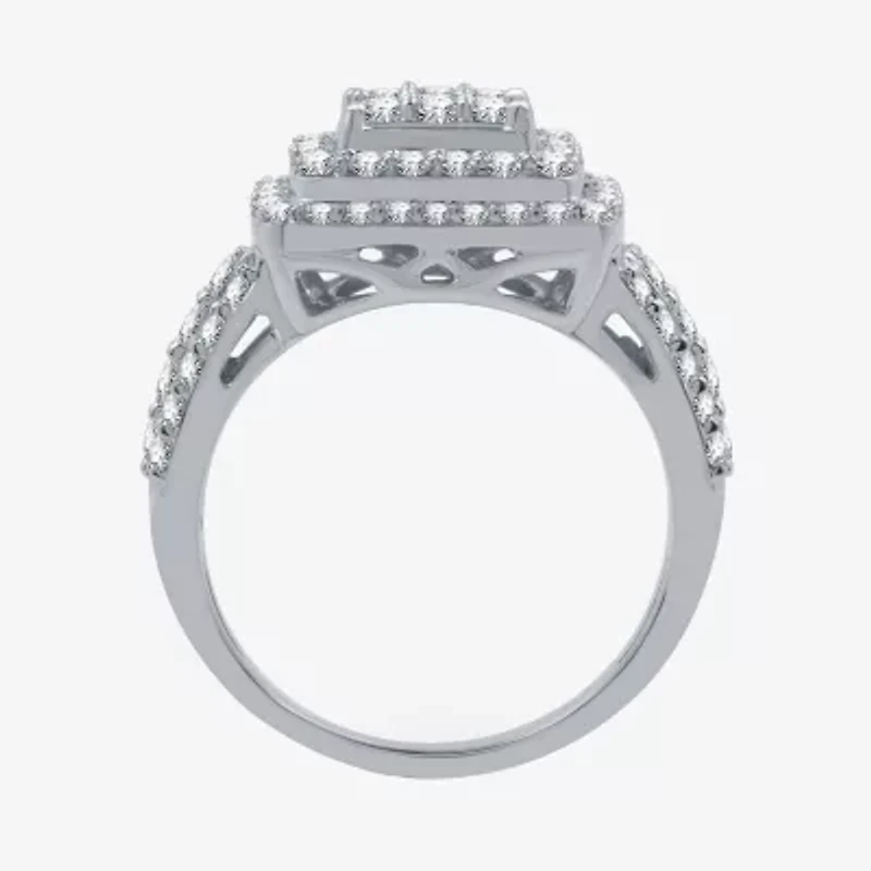 Womens 1 1/2 CT. T.W. Lab Grown White Diamond Sterling Silver Cushion Halo Side Stone Cocktail Ring