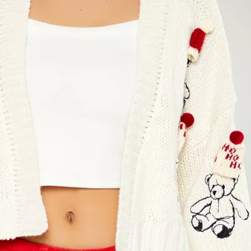 Forever 21 Bear Santa Hat Womens Long Sleeve Open Front Juniors Cardigan