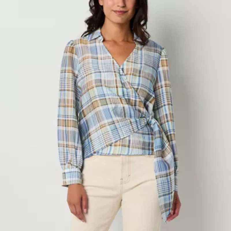 a.n.a Plaid Womens Long Sleeve Blouse