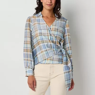 a.n.a Plaid Womens Long Sleeve Blouse