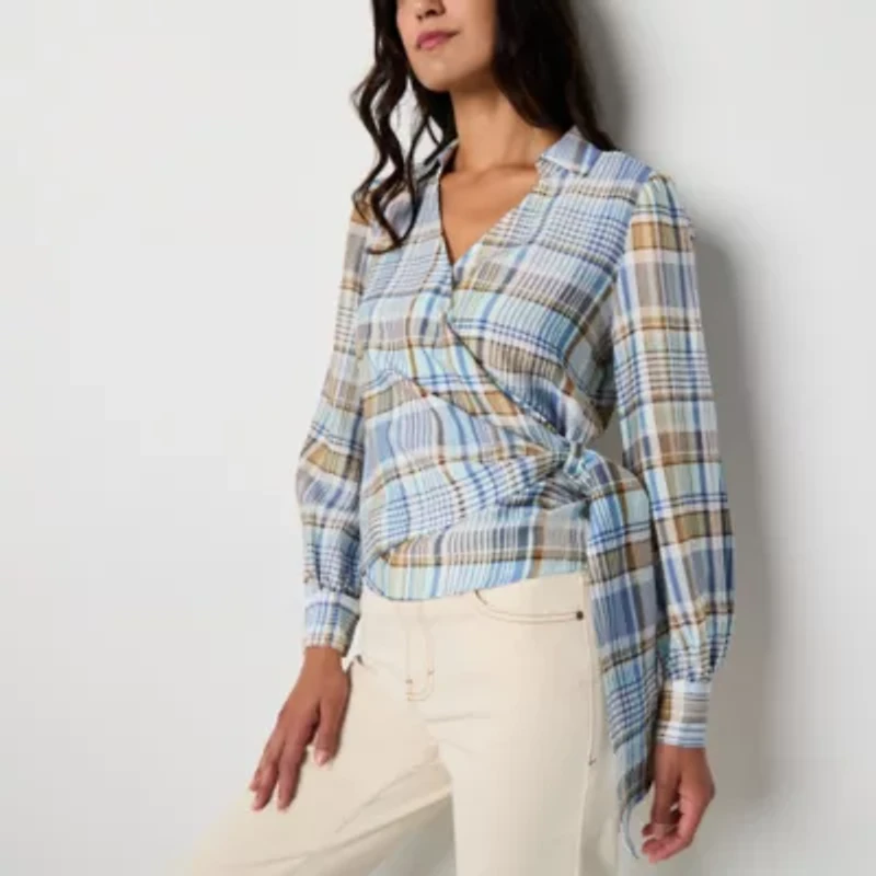 a.n.a Plaid Womens Long Sleeve Blouse