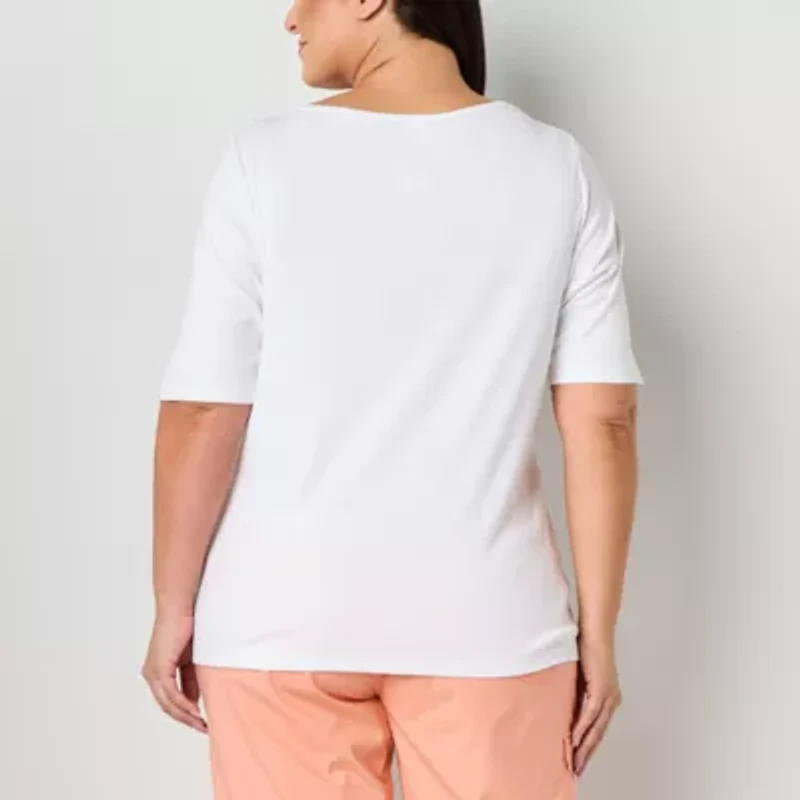 St. John's Bay Womens Plus Boat Neck Elbow Sleeve T-Shirt