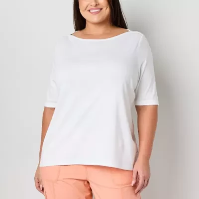St. John's Bay Womens Boat Neck Elbow Sleeve Plus T-Shirt