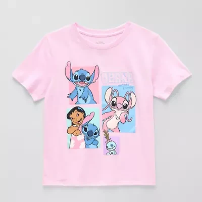 Little & Big Kid Girls Round Neck Short Sleeve Regular Fit Lilo Stitch Graphic T-Shirt