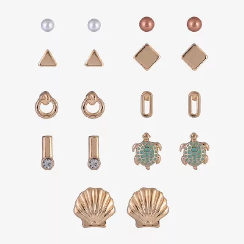 Arizona Gold Tone Turtle Shell Womens Simulated Pearl 9 Pair Earring Set