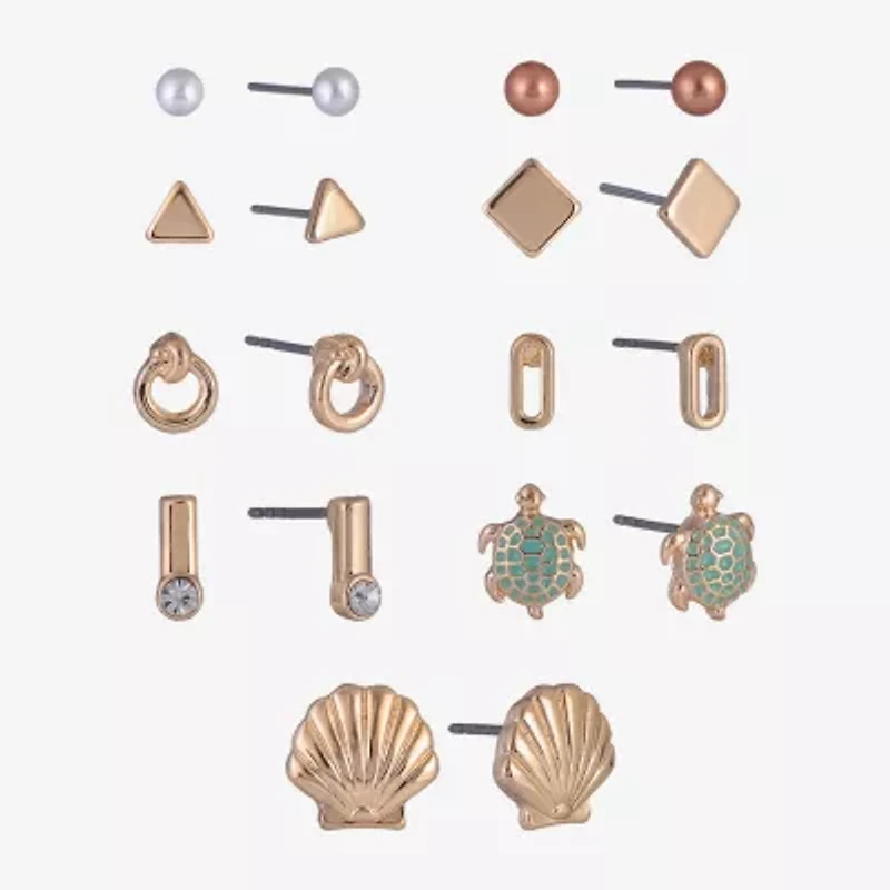 Arizona Gold Tone Turtle Shell Womens Simulated Pearl 9 Pair Earring Set