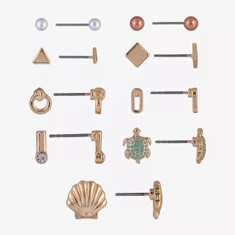 Arizona Gold Tone Turtle Shell Womens Simulated Pearl 9 Pair Earring Set