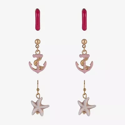 Arizona Gold Tone Starfish Womens Anchor 3 Pair Earring Set