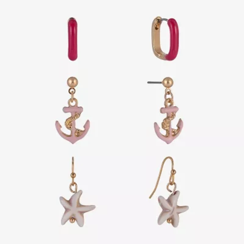 Arizona Gold Tone Starfish Womens Anchor 3 Pair Earring Set