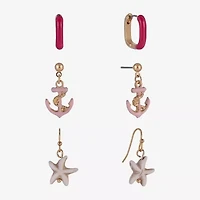 Arizona Gold Tone Starfish Womens Anchor 3 Pair Earring Set