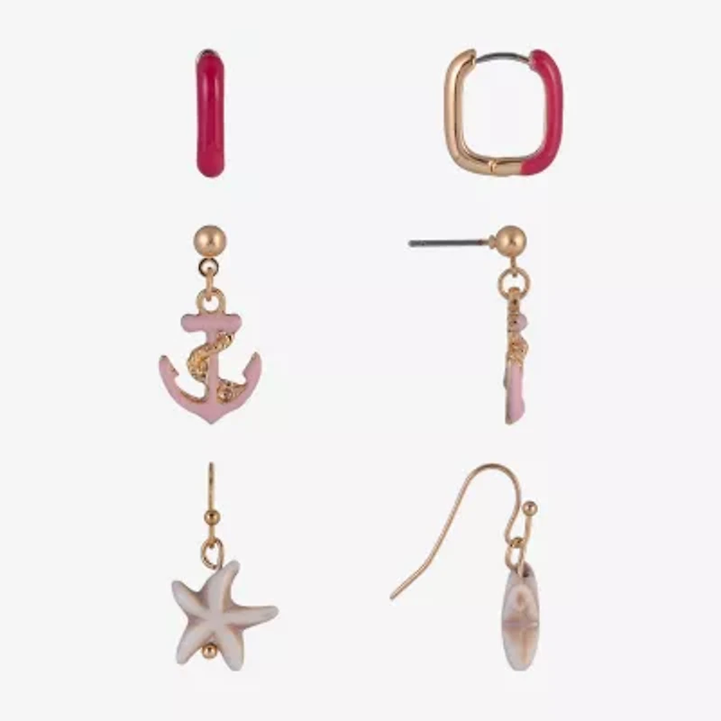Arizona Gold Tone Starfish Womens Anchor 3 Pair Earring Set