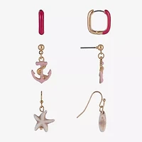 Arizona Gold Tone Starfish Womens Anchor 3 Pair Earring Set