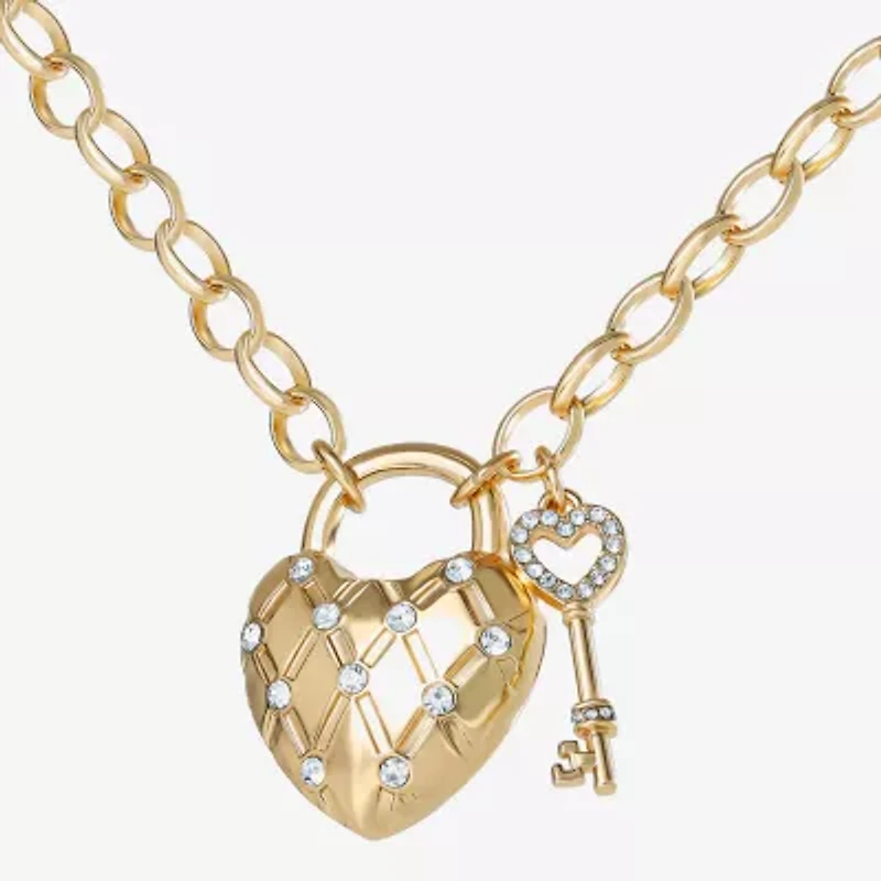 Juicy By Juicy Couture Gold Tone Pad Lock Womens Crystal Alloy Heart Keys 18 Inch Pendant Necklace