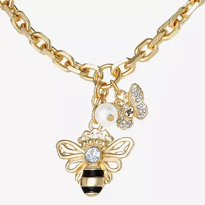 Juicy By Juicy Couture Gold Tone Queen Bee Womens Crystal Simulated Pearl Alloy Crown 18 Inch Pendant Necklace