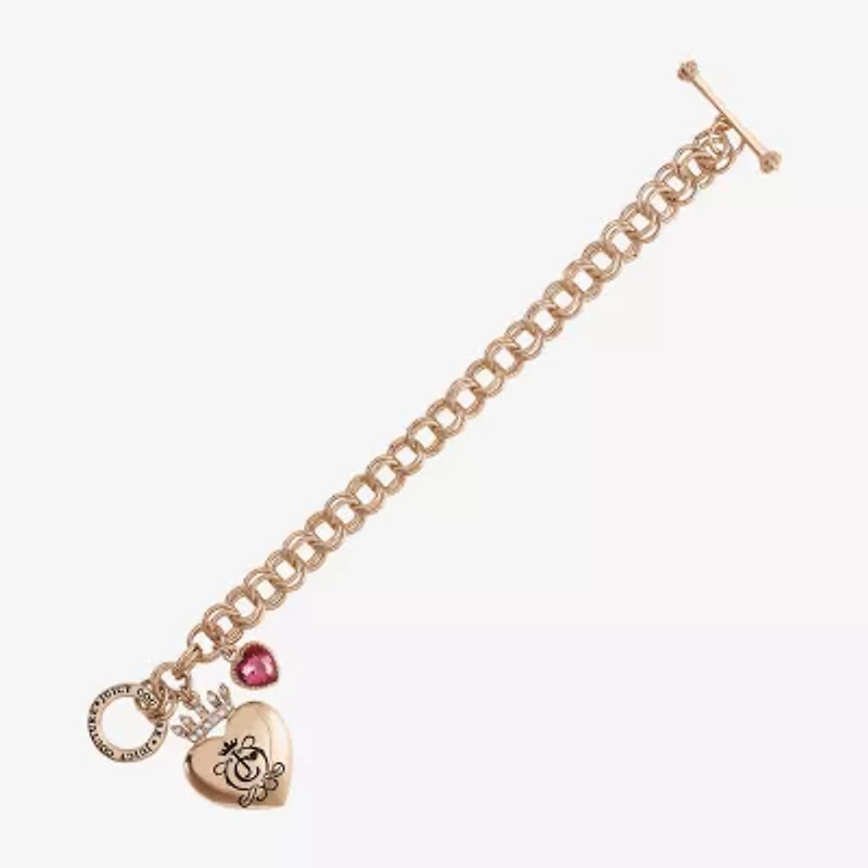 Juicy By Juicy Couture Gold Tone Toggle Womens Pink Crystal Crown Heart Charm Bracelet