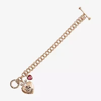 Juicy By Juicy Couture Gold Tone Toggle Womens Pink Crystal Crown Heart Charm Bracelet