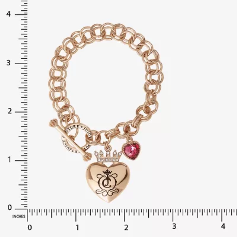 Juicy By Juicy Couture Gold Tone Toggle Womens Pink Crystal Crown Heart Charm Bracelet