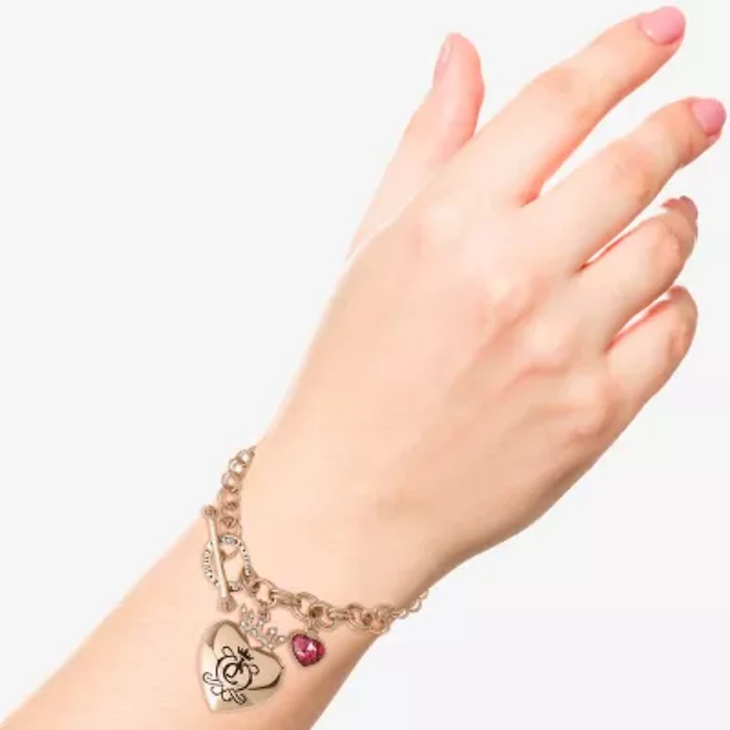 Juicy By Juicy Couture Gold Tone Toggle Womens Pink Crystal Crown Heart Charm Bracelet