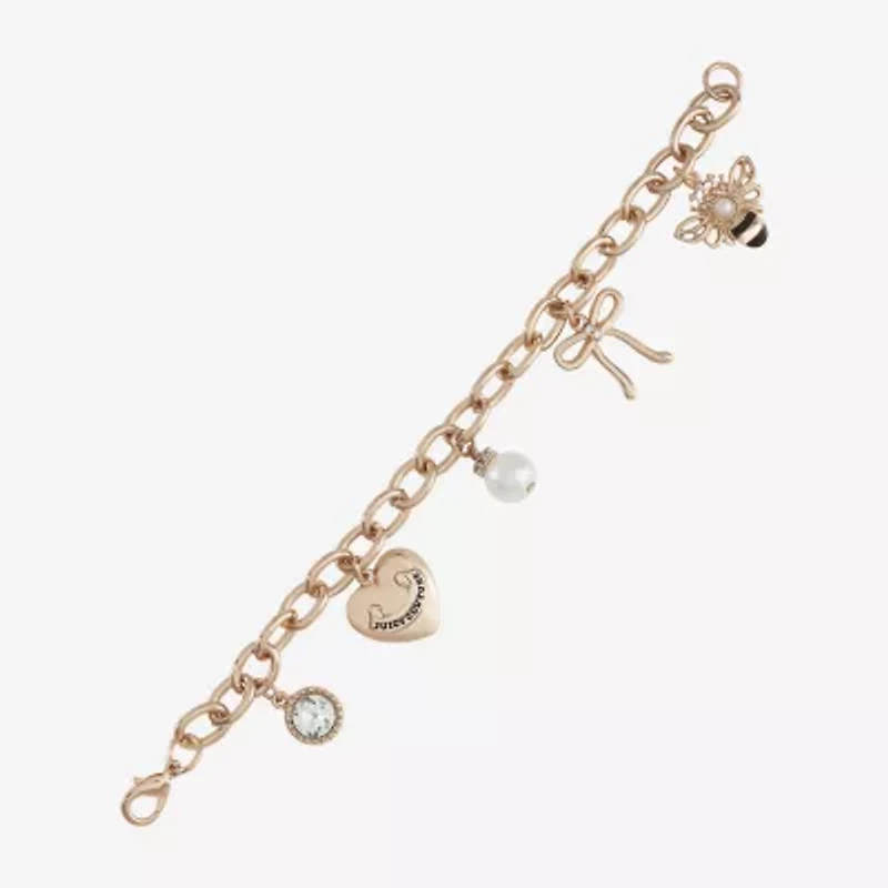 Juicy By Juicy Couture Gold Tone Queen Bee Womens White Crystal Simulated Pearl Bow Crown Charm Bracelet