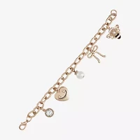Juicy By Juicy Couture Gold Tone Queen Bee Womens White Crystal Simulated Pearl Bow Crown Charm Bracelet
