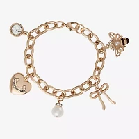 Juicy By Juicy Couture Gold Tone Queen Bee Womens White Crystal Simulated Pearl Bow Crown Charm Bracelet