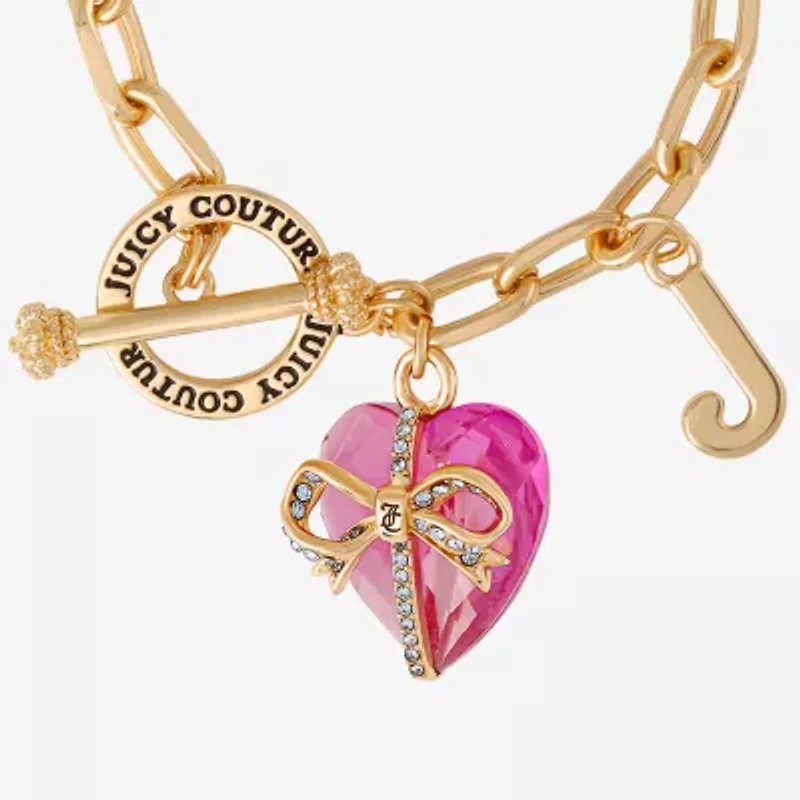 Juicy By Juicy Couture Gold Tone Toggle Womens Pink Crystal Bow Heart Charm Bracelet