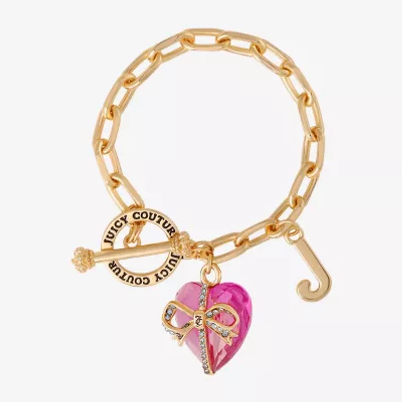 Juicy By Juicy Couture Gold Tone Toggle Womens Pink Crystal Bow Heart Charm Bracelet