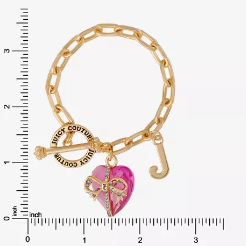 Juicy By Juicy Couture Gold Tone Toggle Womens Pink Crystal Bow Heart Charm Bracelet