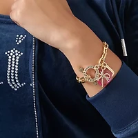Juicy By Juicy Couture Gold Tone Toggle Womens Pink Crystal Bow Heart Charm Bracelet