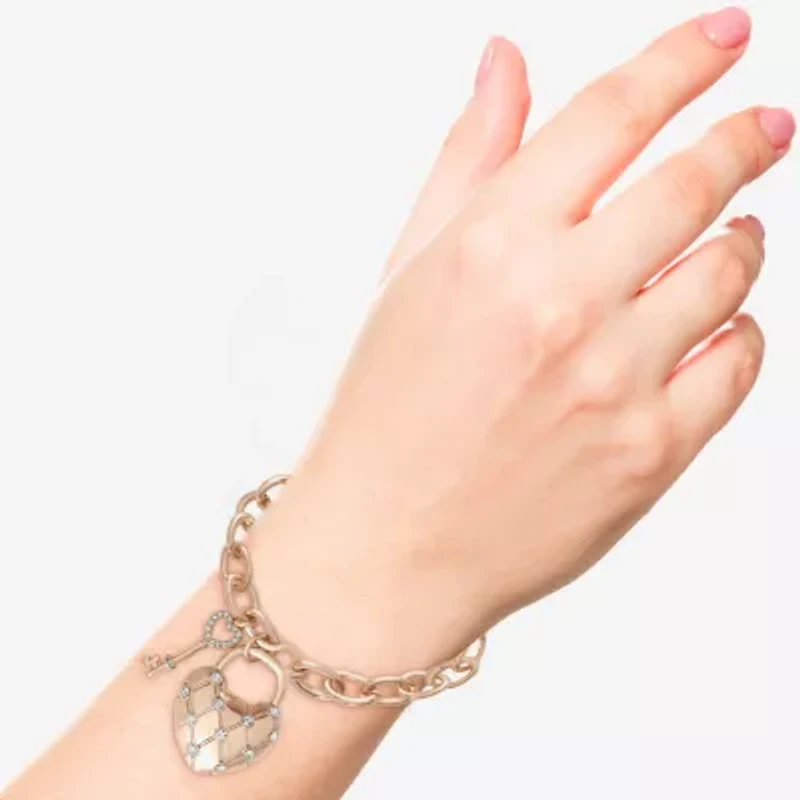 Juicy By Juicy Couture Gold Tone Pad Lock Womens Crystal Heart Keys Charm Bracelet