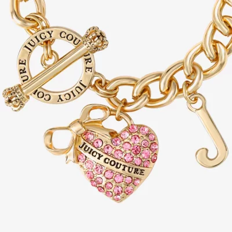 Juicy By Juicy Couture Gold Tone Toggle Womens Pink Crystal Bow Heart Charm Bracelet