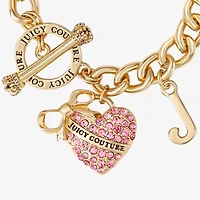 Juicy By Juicy Couture Gold Tone Toggle Womens Pink Crystal Bow Heart Charm Bracelet