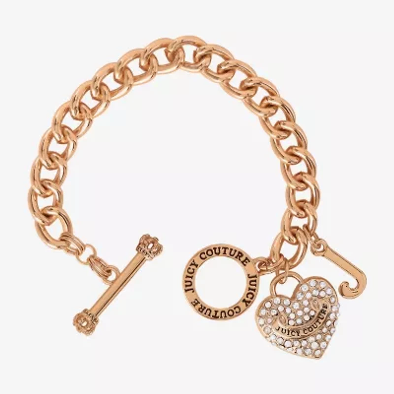 Juicy By Juicy Couture Gold Tone Toggle Womens Crystal Heart Charm Bracelet